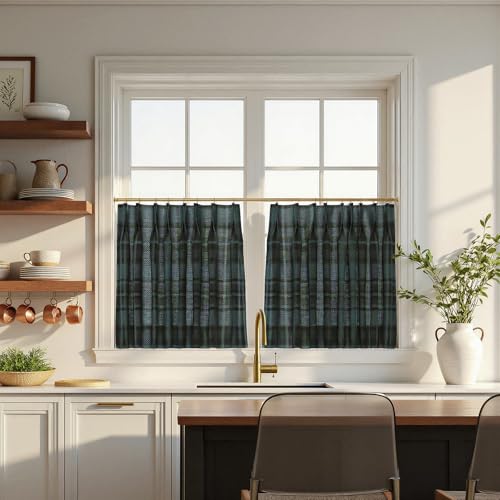 Image of TWOPAGES Pinch Pleat Plaid Print Cafe Curtains, Midnight, 26W x 24L