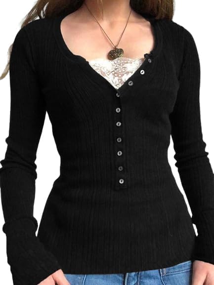 EMMIOL Long Sleeve Henley Shirts for Womens - V Neck Button Ribbed Knit Tops Slim Fit Casual Trendy Lace Tunics Blouse