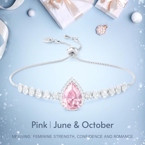 Linawe SL001-PNK-SLV Silver Pink Crystal Imitation Diamond Charm Bracelet, Chain Bracelets For Women, Rhinestone Birthstone Moissanite Cubic Zirconia Bracelet Set thumb #4