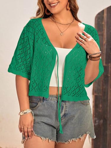 Image of Women's Plus Size Crochet Cardigan Crop Short Sleeves Tie Front Lightweight Knitwear
