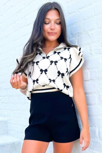 Women's Black Preppy Vibes Bow Print Zipped Collar Short Sleeve Sweater Tee2