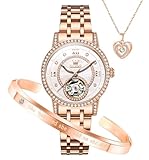 OLEVS Orologio da donna automatico meccanico scheletro diamante argento vestito di lusso impermeabile luminoso orologi per le donne confezione regalo set, 7036new: cinturino in oro rosa e quadrante