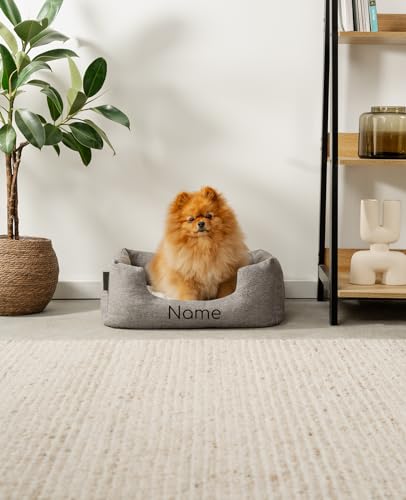 lionto Hundekörbchen mit flauschigem Wendekissen, kuscheliges Heimtierbett in meliertem Design mit tiefem Einstieg für Hunde & Katzen Aller Größen, 60x50 cm, weiches Hundebett, grau (Namensaufdruck)