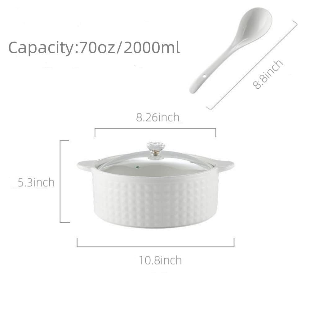 Tureen da zuppa con coperchio e mestolo, set da 2 l, in ceramica con coperchio in vetro, ciotole da zuppa con doppio manico, porcellana, bianco, adatto al microonde e lavastoviglie