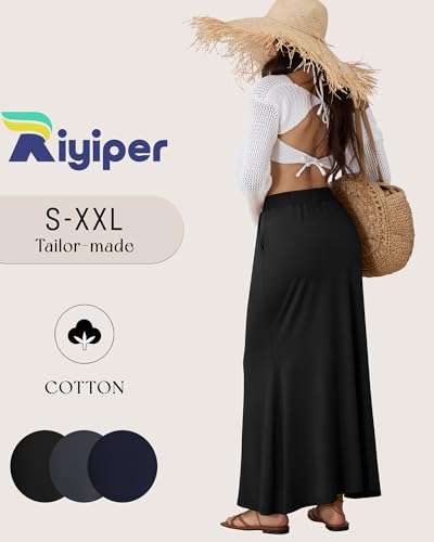 Riyiper 3 Pack Women's Maxi Skirts with Pockets Flowy Elastic High Waist Ankle Length Cotton Long Comfy Casual Dress Fall 5