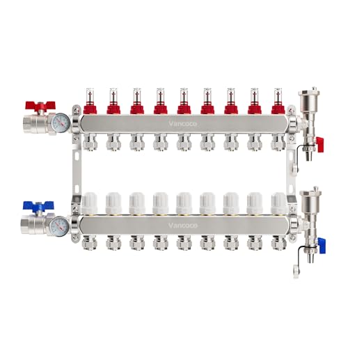 [Set di Accessori] Il collettore è ricco di funzionalità innovative per far funzionare al meglio il tuo sistema UFH. È costruito in acciaio inossidabile di grado 304 per un'elevata resistenza alla corrosione. Presa d'aria e scarico integrati per sfogare rapidamente l'aria ed evitare perdite, nonché un termomanometro che consente di controllare la temperatura dell'acqua di flusso. Le valvole di bilanciamento del flusso evitano inutili sprechi e garantiscono un elevato livello di comfort termico