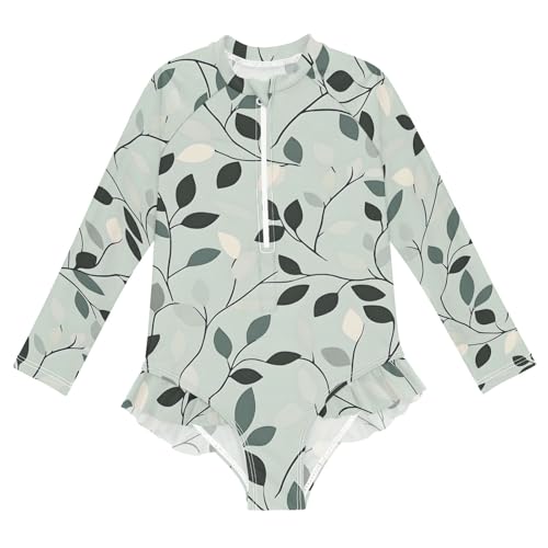 Long Sleeve Girls Swimsuits One Piece Leaves Pastel Teal Long Sleeve Bathing Suit 3T