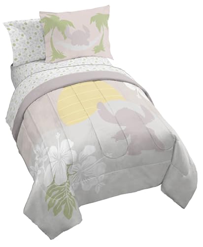 Image of Disney Lilo and Stitch Twin Comforter Set 5 Piece Bedding for Girls, Beige | Bed in a Bag, Comforter Sheets Sham Pillowcase, Official Product, Soft Microfiber, Machine Washable, Easy Care, Girls Gift