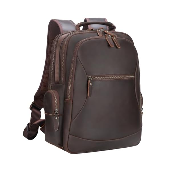 TIDING Vintage Full Grain Leather 15.6 Inch Laptop Backpack for Men Large Capacity Travel Rucksack Weekender Camping Daypacks