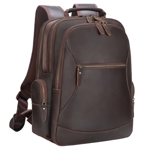 TIDING Vintage Full Grain Leather 15.6 Inch Laptop Backpack for Men Large Capacity Travel Rucksack Weekender Camping Daypacks