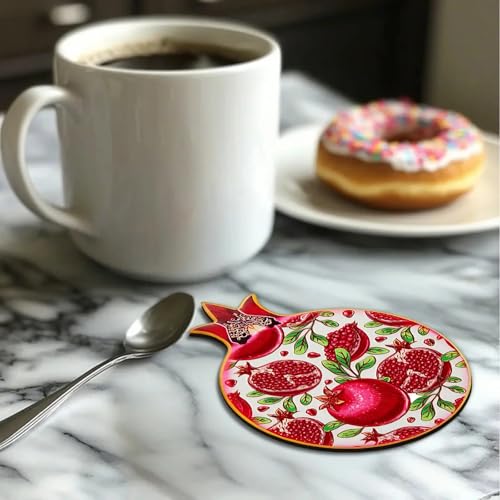 Image of 6 pcs Set Unique Pomegranate Pattern Coaster, Wooden Desktop Beverage Holder, for Coffee and Drinks, Home Decoration Gift,