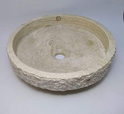 Luxurious 16" Round Marble Bathroom Vessel Sink - Chiseled - 100% Natural Stone - Hand Carved - Free Matching Soap Tray (Tan Travertine) #TOP2