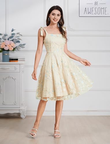 Image of Women's Tie Strap Tulle Prom Dresses Sweetheart Flower Embroidery Dress Short Formal Party Mini Homecoming Dresses