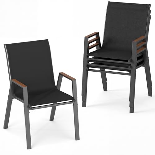 COSTWAY Lot de 2/4 Chaises de Jardin Exterieur, Fauteuils Empilable, Charge 180 kg, Tissu Respirant, Structure en Métal, Chaise Exterieur pour Jardin Cour...