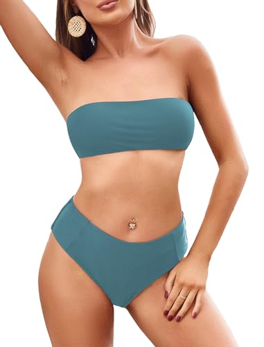 Image of ZAFUL Women's High Cut Bandeau Bikini Set Strapless Solid Color 2 Pieces Bathing Suit Swimsuit