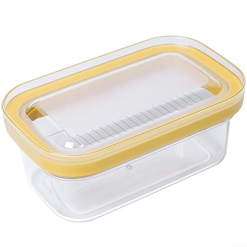 Recipiente de plástico para mantequilla con doble tapa sellada de silicona y cortador integrado, diseñado para un almacenamiento y corte cómodos (amarillo)
