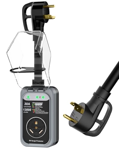 Image of RV Surge Protector 30 Amp, 13000 Joules Circuit Analyzer for Camper | RV Adapter Plug with Waterproof Cover for Travel Trailers (30AMP-Grey)