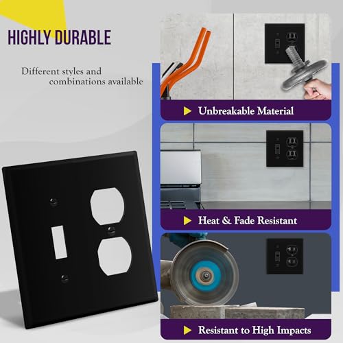 Image of ENERLITES Combination Toggle Light Switch /Duplex Receptacle Outlet Wall Plate, Mid-Size 2-Gang 4.88 inch x 4.92 inch, Polycarbonate Thermoplastic, 881121M-BK, Black