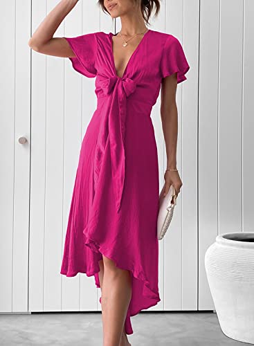 Image of miduo Womens Satin V Neck Ruffle Short Sleeve Tie Front High Waist Midi A-Line Maxi Dresses