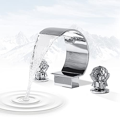BANGPU 8-Inch Commercial Waterfall Basin Mixer Tap High Arc Bathroom Sink Faucet with 2 Crystal Knob 3 Hole Tub Filler Faucet Waterfall Spout, Chrome