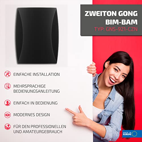 SUNDI Türgong Türklingel Gong Klingel Haustürklingel Verdrahtet Zweiklang Doppelklang 230V Bim Bam Schwarz GNS-921