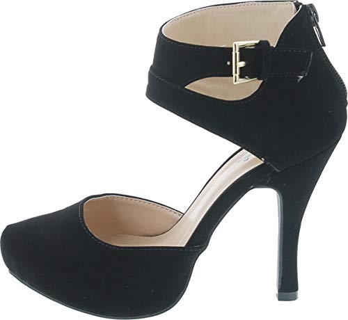 Qupid Trench-244 Women's Round Toe High Heel Zip Closure Buckle Ankle Straps Nubuck Shoes,Black,6.52