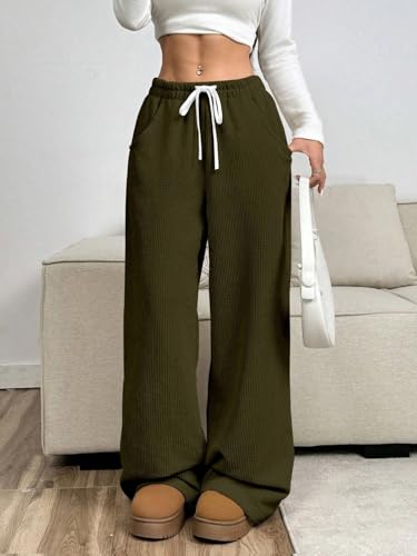 Image of Women's Trendy Korean Trouser with Pockets, Casual Corduroy Stretchable Baggy Loose || High Rise Elastic Waist Going Out Lounge Pants || Wide Leg Pants for Woman