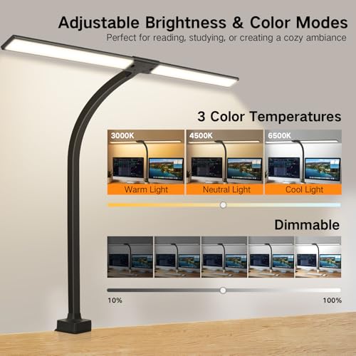 OUTON 33.5" 24W Bright LED Desk Lamp, Dual Monitor Computer Eye Caring Architect Desk Light with Dimming, 3 Colors, Touch Control, Timer, Memory Function, Clamp, Adjustable Gooseneck for Home Office - Image 3