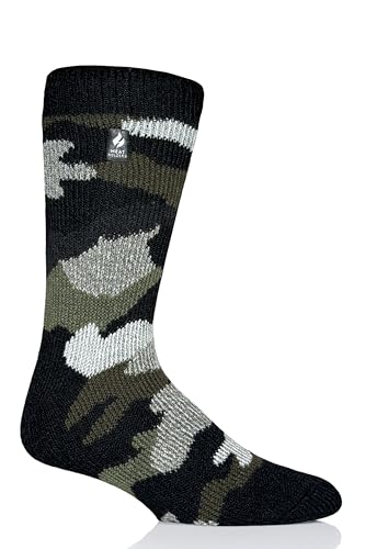 HEAT HOLDERS Men's Magnus ORIGINAL™ Camo Jacquard Crew Sock - Great for cold winter weather - 7x Warmer Than Cotton - Warm and Soft, for Hiking, Cabin, Hunting, Outdoor, Cozy at Home | Black / 7-12