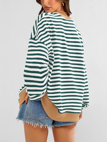 Image of PRETTYGARDEN Womens Striped Oversized Sweatshirt Color Block Crew Neck Long Sleeve Casual Loose Pullover Top Y2K Clothes