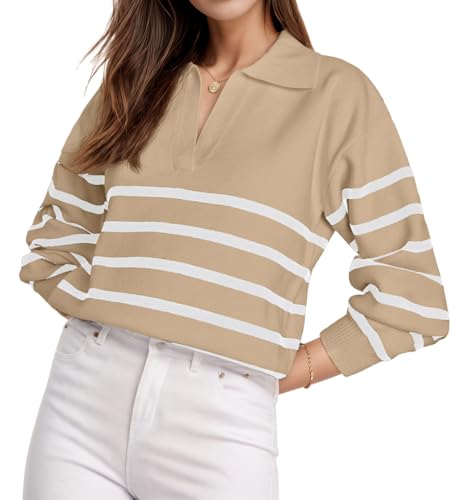 GRECERELLE 2024 Sweaters for Women Trendy Long Sleeve V Neck Striped Sweater Women Winter Chunky Pullover