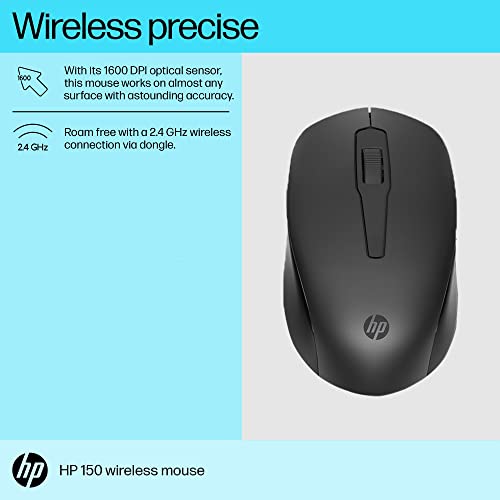 HP 150 Wireless USB Mouse with Ergonomic and ambidextrous Design, 1600 DPI Optical Tracking, 2.4 GHz Wireless connectivity, Dual-Function Scroll Wheel and 12 Month Long Battery Life view 2