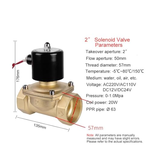 Électrovanne laiton 2W DN50 normalement fermée DC24V pour vanne pneumatique eau de rechange - 3