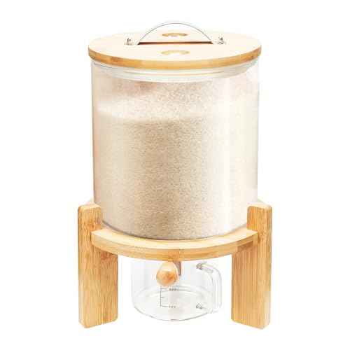 PROYONGOO Rice Dispenser with Wooden Stand, Removable Food Dispenser Rice Dispenser Glass with Glass Measuring Cup, Cereal Dispenser Countertop with Airtight Lid for Flour Cereal (5L)