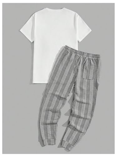 GORGLITTER Conjunto masculino de 2 peças, camisa de manga curta com cordão e calça xadrez, Cinza, P