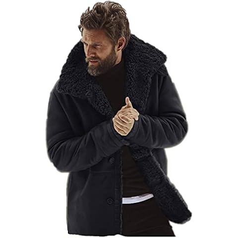 Men's Suede Fleece Lined Jacket Mens Faux Fur Long Shearling Duffle Coat with Polo Collar Cover