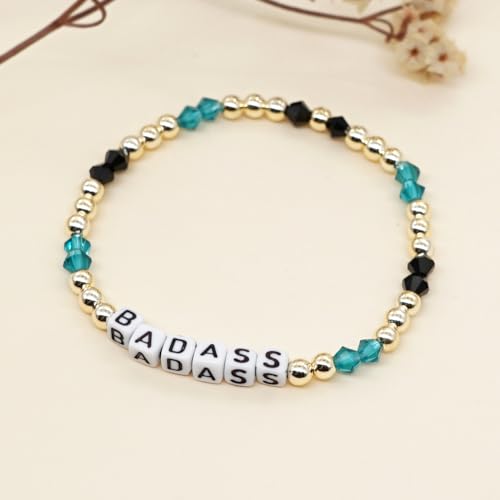 Gold Beaded Stretch Bracelets for Women Badass Letter Crystal Green Beads Bracelet 6