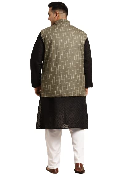 Image of SOJANYA (Since 1958) Men's Silk Blend Dark Green Kurta & Silk Blend Nehrujacket With Off White Churidar Pyjama Set