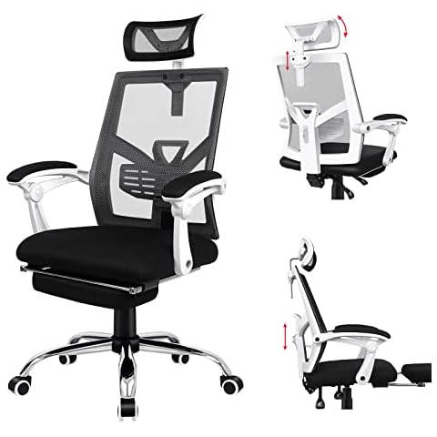 ELFORDSON Ergonomic Office Chair, Office Desk Chair with Adjustable Headrest Lumbar Support Footrest, High Back 150° Recliner, Thick Cushion Mesh Computer Chair White Cover