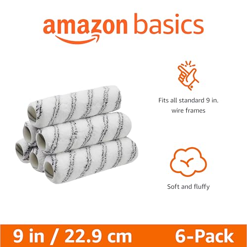Image of Amazon Basics Microfiber Paint Roller Covers for Painting Walls, Smooth Finish, Washable, 9 inch x 3 /8 inch, 6-Pack