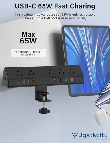 Image of Jgstkcity Desk Clamp Power Strip USB C 65W,8 USB,10FT Cable,Black | 4 USB-C Ports,Fit 1.96'' Tabletop,1875W Extension Cord,ETL Listed,Outlet Extender Desk Organizer,Office,Gaming,Dorm
