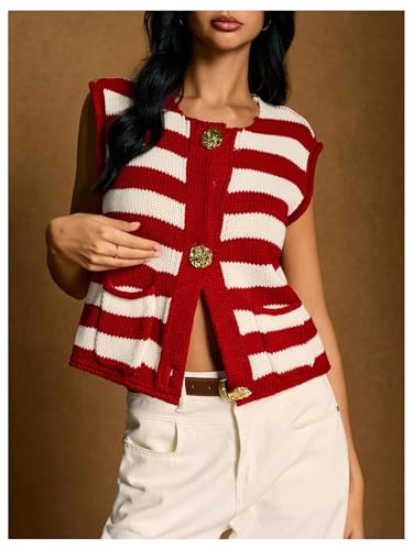 MakeMeChic Women's Striped Metal Floral Sweater Vest Crew Neck Button Down Knit Top with Pocket2