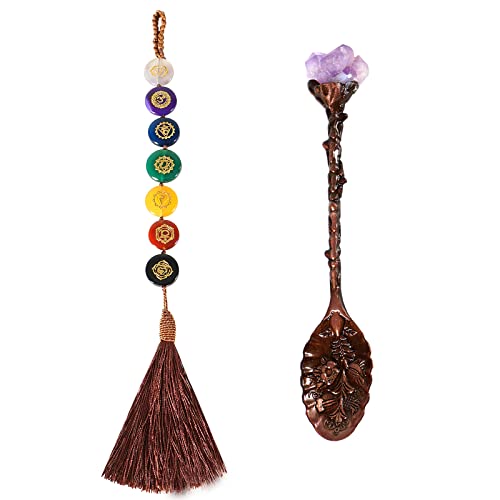 Soulnioi 7 Chakra Stones Car Hanging Ornament Round Symbol Beads Tassels for Chakra Healing Bring Good Luck, Retro Amethyst Crystal Alloy Metal Coffee Tea Spoon Dessert Spoon Vintage Ice Cream Spoons
