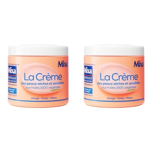 Mixa Intensif Peaux Sèches - La Crème des Peaux Sèches et Sensibles - Multi Usage Visage, Corps, Mains, Pieds - Nourrit 24h et Apaise - Pénétration Rapide - Hypoallergénique - Pot 400 ml (Lot de 2)