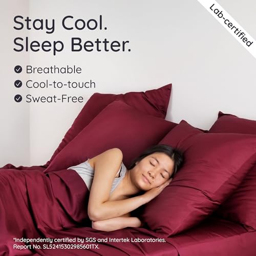 Bambaw 100% Viscose Derived from Bamboo Sheets California King Size Set – 4pcs Deep Pocket Cooling Sheets, Fits Up to 16'', Bedding for Night Sweats, Extra Soft Sheet Set (Burgundy) by Bambaw - Image 3