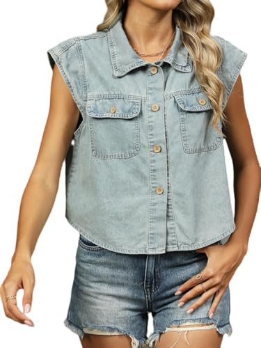 Cap Sleeve Cropped Denim Jean Jacket Vest Summer Button Front Casual Denim Jackets with Pockets