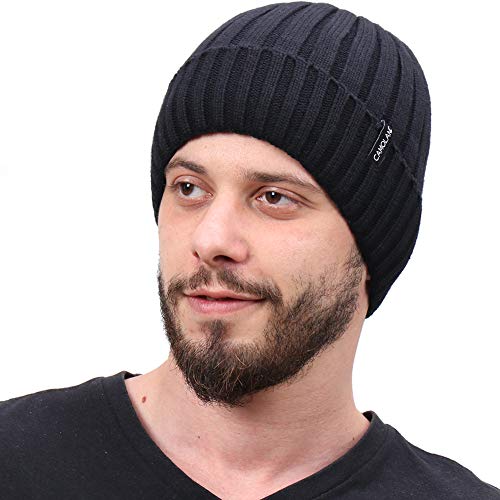 CAMOLAND Men's Fleece Wool Cable Knit Winter Beanie Hat(Black)