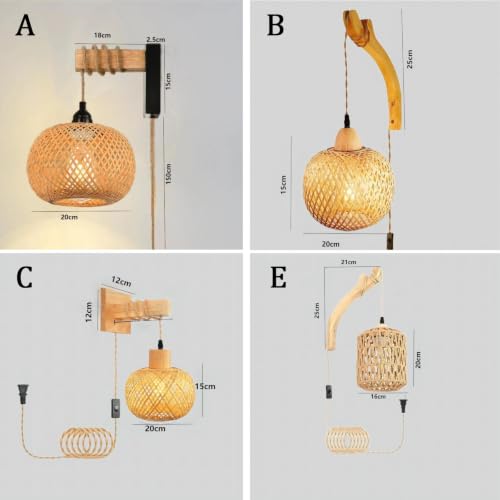Aplique de pared E27 con enchufe e interruptor de ratán para pasillo 4