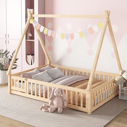 Image of Mirightone Tent Floor Bed for Kids Full Size Montessori Floor Bed with Slats and Guardrails Wood Teepee Bed Frame with Fence and Door for Boys Girls, Natural