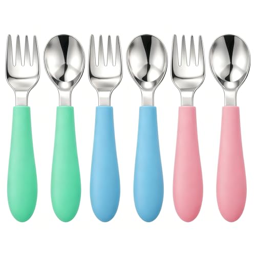 Pimoys 6 Pieces Toddler Utensils Kids Forks and Spoons with Silicone Handle Stainless Steel Toddler Silverware Set Dishwasher Safe